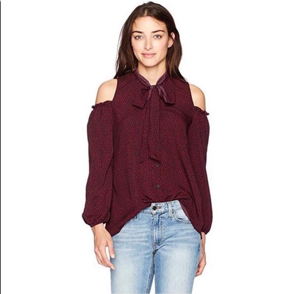 FRENCH CONNECTION Crepe Cold Shoulder Bow Blouse Callie Shirt Button Down - Picture 1 of 7